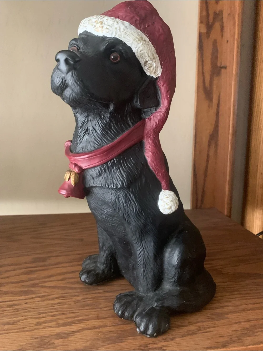 Black Labrador Figurine with Red Holiday Hat - Decorative Pet Decor